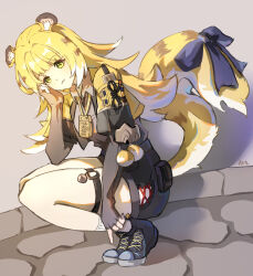 Rule 34 | 1girl, absurdres, animal ear fluff, animal ears, blonde hair, fingerless gloves, gloves, green eyes, highres, jacket, ju fufu, long hair, looking at viewer, multicolored hair, open mouth, shirt, shorts, smile, solo, tail, tiger ears, tiger girl, tiger tail, user ehpx4454, zenless zone zero