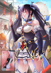 Rule 34 | 1girl, absurdres, anal, anal object insertion, blue hair, blush, breasts, detached sleeves, dildo, dildo under clothes, dildo under panties, discreet vibrator, dress, dwadessu, female pubic hair, frilled sleeves, frills, garter straps, hair between eyes, hair ornament, highres, long hair, looking at viewer, medium breasts, neptune (series), noire (neptunia), object insertion, outdoors, panties, pubic hair, purple eyes, sex toy, sidelocks, smile, solo focus, sweat, twintails, uncensored, underwear, vaginal, vaginal object insertion, very long hair, vibrator, white panties