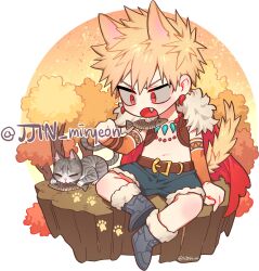 Rule 34 | 1boy, animal ears, bakugou katsuki, blonde hair, blue shorts, boku no hero academia, brown vest, cape, cat, dog ears, dog tail, earrings, fang, fish, fish (food), fur-trimmed cape, fur trim, highres, jewelry, male focus, misa (jjin miryeon), open mouth, paw print, red cape, red eyes, short hair, shorts, sitting, solo, tabby cat, tail, twitter username, vest