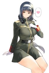 Rule 34 | 1girl, absurdres, belt, black belt, black hair, blush, breasts, brown eyes, commentary request, dress, green dress, gundam, gundam 08th ms team, hairband, headphones, headphones around neck, highres, invisible chair, kergerenko, large breasts, long hair, long sleeves, military uniform, samazuka mashiro, simple background, sitting, solo, thighs, white background, white hairband, white sleeves