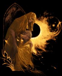 1boy 1girl age_difference black_background black_hair closed_mouth cruentum_noctis dress elden_ring elden_ring:_shadow_of_the_erdtree emaciated fingerprint fire flaming_head fringe_trim hetero highres hug lap_pillow long_sleeves midra_lord_of_frenzied_flame nanaya_(elden_ring) orange_cloak orange_dress robe three_fingers_(elden_ring) torn_clothes torn_robe veil weapon white_hair yellow_eyes
