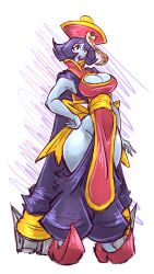 1girl absurdres blue_skin blush_stickers breasts capcom chinese_clothes cleavage cleavage_cutout clothing_cutout colored_skin curvy darkstalkers female_focus full_body hand_on_own_hip highres hip_vent hsien-ko jiangshi large_breasts mokkoyu ofuda pointy_footwear purple_hair short_hair solo wide_hips yellow_eyes
