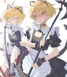 Rule 34 | 1boy, absurdres, animal ears, axe, bad link, black choker, black dress, blonde hair, blush, cat cutout, cat ears, cat tail, choker, clothing cutout, cowboy shot, crying, dress, halberd, highres, holding, holding axe, limbus company, looking at viewer, maratang, multiple views, polearm, project moon, puffy short sleeves, puffy sleeves, short sleeves, simple background, sinclair (project moon), source request, tail, weapon, white background, wrist cuffs, yellow eyes