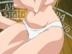 00s 1girl 2001 animated animated_gif bible_black blonde_hair breasts covering_breasts covering_privates curvy high_ponytail large_breasts lips looking_at_viewer lowres magic_circle navel nipples panties panties ponytail saeki_kaori sitting tagme underwear white_panties wide_hips