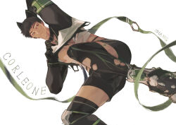 animal_ears arm_behind_head armband bandaged_chest bandaged_knees bare_pectorals belt belt_buckle belt_collar black_belt black_hair black_shoes black_shorts black_thighhighs brown_eyes buckle cat_ears character_name character_request chinese_commentary closed_mouth clothes_lift collar commentary_request copyright_request expressionless fake_animal_ears green_armband headset highres lifting_own_clothes light_frown long_sleeves looking_to_the_side male_focus nipples pectorals shirt shirt_lift shoes short_hair shorts simple_background sneakers spiked_shoes spikes stars_zhangzhang striped_clothes striped_thighhighs thick_eyebrows thighhighs torn_clothes torn_thighhighs white_background white_shirt
