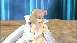 1girl 3d animated animated_gif blonde_hair blowing_kiss bouncing_breasts breasts coat green_eyes hair_ribbon haruka_(senran_kagura) kiss large_breasts lowres pov ribbon senran_kagura senran_kagura_shinovi_versus underboob