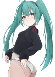 1girl aqua_eyes aqua_hair ass black_shirt cowboy_shot from_side hair_between_eyes hatsune_miku highres long_hair long_sleeves looking_at_viewer maud0239 no_pants panties shirt simple_background solo twintails underwear very_long_hair vocaloid white_background white_panties