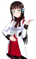 1girl absurdres as_(kamen_rider_01) as_(kamen_rider_01)_(cosplay) black_hair blush breasts ckst commentary_request cosplay green_eyes hair_ornament highres humagear_headphones kamen_rider kamen_rider_01_(series) kurosawa_dia long_hair looking_at_viewer love_live! love_live!_sunshine!! mole mole_under_mouth small_breasts smile solo upper_body white_background