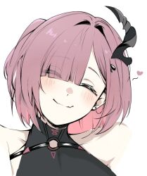 1girl closed_eyes ear_piercing goddess_of_victory:_nikke hair_over_one_eye heart horns o-ring piercing pink_hair single_horn sleeveless smile solo toudou_rapid_310 upper_body white_background ziz_(nikke)