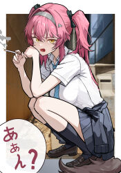 1girl absurdres alternate_costume black_bow black_socks blue_necktie bow breasts brown_shoes cigarette clothes_around_waist collared_shirt commentary english_commentary from_side grey_skirt hair_bow hair_intakes hair_ornament hairband highres holding holding_cigarette large_breasts loafers long_hair looking_at_viewer lupa_(wuthering_waves) metal_hairband multiple_hair_bows necktie open_mouth pink_hair red_pupils ryeon_(naturesan) school_uniform screenshot_background shirt shoes short_sleeves skirt socks solo squatting tail translation_request white_shirt wolf_tail wuthering_waves yellow_eyes