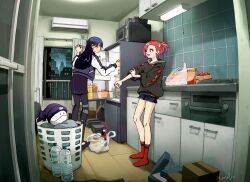 Rule 34 | 2girls, air conditioner, amate yuzuriha, bag, black hair, black hoodie, denim, denim shorts, earrings, gundam, gundam gquuuuuux, haro, highres, hood, hoodie, indoors, jacket, jewelry, kitchen, leggings, letterman jacket, long hair, multiple girls, nao1524, night, no shoes, nyaan (gundam gquuuuuux), one side up, plastic bag, plastic bottle, red hair, red socks, refrigerator, short hair, short shorts, shorts, skirt, socks, window, yellow eyes