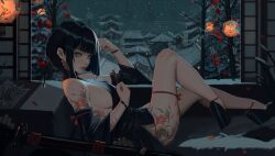 Rule 34 | 1girl, 1other, architecture, black dress, black hair, bob cut, bracelet, breasts, detached sleeves, dress, earrings, east asian architecture, eyelashes, green eyes, hair ornament, hairclip, high heels, highres, holding, holding sword, holding weapon, jewelry, kettle, knee up, legs, looking at viewer, lying, neo (neorarty3), on back, original, pelvic curtain, platform shoes, sheath, sheathed, short hair, sideboob, snow, solo focus, sword, thighhighs, weapon, window, winter