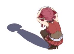 1girl arms_on_head boots brown_boots brown_thighhighs cat_shadow_puppet_(meme) crossed_arms dakuryuu from_above from_behind full_body gloves hair_ribbon hashtag-only_commentary high_heel_boots high_heels highres hitachi_magic_wand hololive houshou_marine houshou_marine_(1st_costume) jacket leotard leotard_under_clothes medium_hair meme pleated_skirt red_hair red_jacket red_ribbon red_skirt ribbon sex_toy shadow_puppet simple_background skirt sleeveless sleeveless_jacket solo squatting thighhighs twintails vibrator virtual_youtuber white_background white_gloves