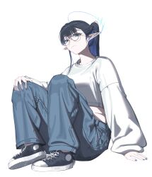 1girl absurdres alternate_costume alternate_hairstyle black_hair black_shoes blue_archive blue_hair blue_pants chojja closed_mouth colored_inner_hair glasses highres long_hair looking_at_viewer multicolored_hair pants pointy_ears ponytail rin_(blue_archive) round_eyewear shirt shoes solo two-tone_hair white_shirt