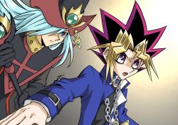 Rule 34 | 1boy, 1girl, aoyami1225, black choker, black gloves, black shirt, blonde hair, blue hair, blue jacket, chain, choker, duel monster, gloves, hair over one eye, hat, highres, holding, holding wand, jacket, long hair, millennium puzzle, multicolored hair, muto yugi, purple eyes, shirt, silent magician, two-tone hat, wand, wizard hat, yu-gi-oh!, yu-gi-oh! duel monsters