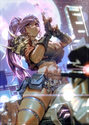 1girl abs black_choker black_gloves black_tank_top breasts brown_eyes choker cleavage commission dark-skinned_female dark_skin earrings fingerless_gloves gloves highres hoop_earrings jewelry kionaoki large_breasts long_hair micro_shorts motor_vehicle motorcycle navel on_motorcycle original pink_hair ponytail red_nails shorts skindentation solo tank_top thigh_strap watermark watermark_grid