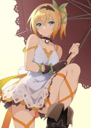 1girl bare_shoulders black_choker blonde_hair blue_eyes boots brown_boots brown_gloves brown_hairband choker commentary dress edna_(tales) expressionless feet_out_of_frame gloves green_ribbon hair_between_eyes hair_ribbon hairband holding holding_umbrella knee_up leg_ribbon looking_at_viewer ribbon rojiko_(275026) short_hair side_ponytail sidelocks single_glove sleeveless sleeveless_dress solo strap_slip tales_of_(series) tales_of_zestiria umbrella white_dress