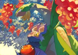 absurdres apple black_eyes closed_mouth commentary_request creatures_(company) day food from_below fruit game_freak gara_(qbeuxvii22) gen_3_pokemon gen_6_pokemon highres nintendo no_humans noibat outdoors pokemon pokemon_(creature) tropius yellow_eyes