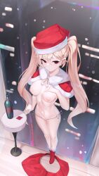 1girl absurdres artist_request baseball_club_mob_(draco) blonde_hair bottle breasts capelet closed_mouth commentary_request commission condom condom_wrapper from_above full_body fur-trimmed_capelet fur_trim hat highres indoors korean_commentary long_hair looking_at_viewer medium_breasts navel nipples original red_capelet red_eyes red_hat red_skirt santa_hat second-party_source skirt solo standing twintails unworn_skirt