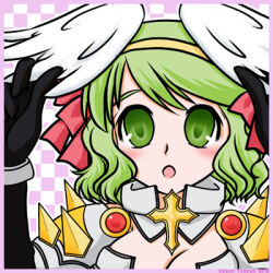 1girl :o armor bikini_armor black_gloves blush bow breasts checkered_background cleavage commentary_request feathered_wings gloves green_eyes green_hair hair_bow hairband head_wings looking_at_viewer lowres medium_breasts open_mouth pink_background ragnarok_online red_bow rune_knight_(ragnarok_online) short_hair solo spiked_pauldrons upper_body white_background white_wings wings yazawa_kazuki yellow_hairband