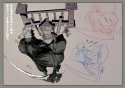 3boys bakushi_(smys2017) black_coat black_shoes black_sleeves border coat collared_coat commentary_request cross from_above gideon_(vlad_grimms) grave grey_background grey_border greyscale high_collar holding holding_scythe latin_cross legs_apart long_sleeves monochrome multiple_boys numbered popped_collar scythe shoes short_hair simple_background sketch standing tombstone translation_request vlad_grimms