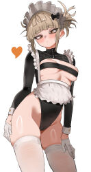 1girl absurdres alternate_costume blonde_hair blunt_bangs boku_no_hero_academia breast_strap breasts commentary double_bun english_commentary enmaided gloves hair_bun half_gloves heart highleg highleg_leotard highres large_breasts leotard long_sleeves looking_at_viewer maid maid_headdress messy_hair solo thick_thighs thighhighs thighs toga_himiko white_background white_gloves white_thighhighs yellow_eyes zd_(pixiv6210083)