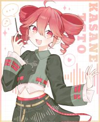 1girl ahoge black_shirt black_skirt blush border collared_shirt double-parted_bangs drill_hair flat_chest hair_between_eyes hand_up highres kasane_teto kasane_teto_(voicepeak) layered_shirt long_sleeves looking_at_viewer midriff mr_(1937mrtary) open_mouth pink_border red_nails shirt skirt skirt_set solo sound_wave twin_drills utau voicepeak walkie-talkie white_background white_shirt wing_collar