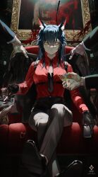 1girl 4boys a0lp absurdres animal_ear_fluff animal_ears arknights black_gloves black_hair black_jacket black_necktie black_pants black_shoes black_skirt chair cigarette closed_mouth crossed_bangs gloves hair_between_eyes high-waist_pants highres holding holding_cigarette holding_lighter jacket jacket_on_shoulders lighter long_hair looking_at_viewer multiple_boys necktie on_chair pants red_shirt shirt shoes sidelocks sitting skirt texas_(arknights) wolf_ears wolf_girl yellow_eyes