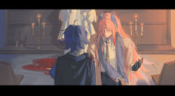 Rule 34 | 2boys, arknights, bieshi, black cape, black gloves, black pants, blood, blood in hair, blood on hands, blue eyes, blue hair, blue scarf, brown jacket, candle, candlestand, cape, commentary, english commentary, evil smile, facial mark, facing away, feather hair, forehead mark, glasses, gloves, hand on another&#039;s shoulder, highres, indoors, jacket, letterboxed, long hair, looking at another, lumen (arknights), male focus, multiple boys, pants, passenger (arknights), pew, pink hair, pool of blood, scarf, shelf, smile, statue
