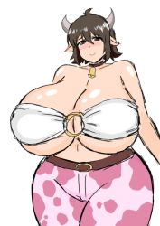 1girl ahoge blush breasts brown_hair cleavage collar cow_girl curvy gigantic_breasts green_eyes guinea highres horns huge_breasts ishuzoku_reviewers looking_at_viewer momijizx smile solo thick_thighs thighs wide_hips