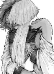 2girls absurdres asticassia_school_uniform bare_shoulders commentary english_commentary greyscale gundam gundam_suisei_no_majo hairband hand_on_another&#039;s_shoulder hand_on_another&#039;s_waist hand_under_clothes hand_under_shirt highres himmel_(keine_haare) hug long_hair long_sleeves miorine_rembran monochrome multiple_girls school_uniform shirt suletta_mercury yuri