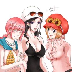 +++ 3girls ^_^ black_dress black_gloves blue_eyes braid breasts cleavage closed_eyes commentary_request dress eyewear_on_head eyewear_on_headwear gloves goggles hat koala_(one_piece) large_breasts locked_arms long_hair multiple_girls nico_robin nico_robin_(dressrosa) one_piece orange_hair pink_hair pink_shirt rebecca_(one_piece) shirt sidelocks simple_background sweatdrop swept_bangs upper_body white_background white_hat yuri_kohi