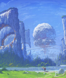 1boy 1other bird blue_sky bush cliff cloud day fantasy forest grass hat highres lake landscape mountain nature original outdoors pants riding river rock scenery sky solo tree very_wide_shot water yamakou_(yamakou_e2)