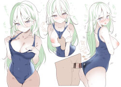 Rule 34 | 1boy, 1girl, alternate hairstyle, ass, back, bar censor, between breasts, blue eyes, blush, breasts, breasts out, censored, cleavage, clothes between breasts, clothes pull, collarbone, covered navel, cum, cum in clothes, cum on ass, cum on body, cum through clothes, ejaculation, flying sweatdrops, from behind, green hair, hair between eyes, hair flaps, hair ornament, hairclip, heart, highres, inverted nipples, kantai collection, large breasts, long hair, looking at another, looking at viewer, looking back, looking to the side, nipples, open mouth, penis, penis in swimsuit, penis under another&#039;s clothes, school swimsuit, smile, standing, suzuki toto, sweat, swimsuit, swimsuit tug, thighs, wedgie, yamakaze (kancolle)