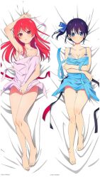 2girls absurdres apron arm_up bare_legs bare_shoulders barefoot blue_apron blue_eyes blue_hair blue_ribbon blush bra breasts cleavage collarbone dakimakura_(medium) dot_nose feet female_focus full_body hair_ribbon highres kanojo_mo_kanojo legs long_hair looking_at_viewer lying medium_breasts minase_nagisa multiple_girls official_art on_back open_mouth pink_apron red_eyes red_hair ribbon saki_saki_(kanojo_mo_kanojo) short_hair side_ponytail sleeveless small_breasts thighs toes underwear white_bra