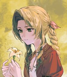 Rule 34 | 1girl, aerith gainsborough, artist request, braid, braided ponytail, brown hair, chinese commentary, choker, commentary request, commission, final fantasy, final fantasy vii, flower, green eyes, hair ribbon, highres, holding, holding flower, jacket, long hair, parted bangs, pink ribbon, red jacket, ribbon, second-party source, smile, solo, upper body, yellow background, yellow flower