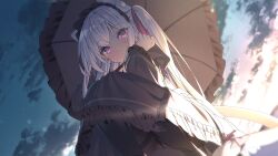 Rule 34 | 1girl, animal ears, black bow, black dress, black hairband, black pantyhose, bow, closed mouth, crotch seam, dot mouth, double-parted bangs, dress, from below, grey hair, hairband, hand up, holding, holding umbrella, long hair, long sleeves, looking at viewer, original, outdoors, panties, panties under pantyhose, pantyhose, parasol, pink eyes, shiro youduki, solo, sunlight, sunset, swimsuit, tail, tail bow, tail ornament, umbrella, underwear, upskirt, white panties