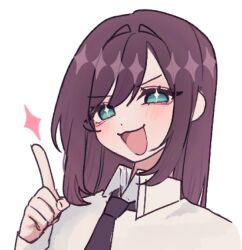 +_+ 1girl :3 :d black_necktie blush chi_kan100 collared_shirt green_eyes hair_between_eyes hair_intakes head_tilt kimi_no_koto_ga_dai_dai_dai_dai_daisuki_na_100-nin_no_kanojo long_hair looking_at_viewer necktie ohananomitsu_high_school_uniform open_mouth parted_bangs patterned_hair pointing pointing_up portrait purple_hair saiki_himeka school_uniform shirt sidelocks simple_background smile solo sparkle v-shaped_eyebrows white_background white_shirt