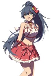 1girl :d absurdres antenna_hair arms_behind_back bare_shoulders bell black_hair blue_eyes choker concept_maihime_(idolmaster) crop_top fang floating_hair frilled_skirt frills ganaha_hibiki gloves hair_bell hair_between_eyes hair_ornament high_ponytail highres idolmaster idolmaster_(classic) idolmaster_million_live! idolmaster_million_live!_theater_days long_hair looking_at_viewer midriff miniskirt nashiki_053 navel nontraditional_miko open_mouth pleated_skirt ponytail red_ribbon red_skirt ribbon ribbon_choker simple_background sketch skirt smile solo standing stomach very_long_hair white_background white_gloves