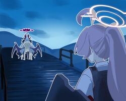 2girls ahoge ballistic_shield black_halo black_horns blue_archive bulletproof_vest demon_girl demon_horns demon_wings devil_may_cry_(series) devil_may_cry_5 from_behind halo highres hina_(blue_archive) horns hoshino_(armed)_(blue_archive) hoshino_(blue_archive) long_hair loveu low_wings meme monobloc_(chair) multiple_girls multiple_horns pink_hair pink_halo ponytail shield shirt sitting vergil&#039;s_chair_(meme) white_shirt wings