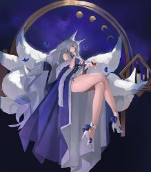 Rule 34 | 1girl, absurdly long hair, absurdres, alcohol, animal ear fluff, animal ears, azur lane, blue butterfly, blue collar, blue dress, blue eyes, bottle, breasts, bug, butterfly, cleavage, collar, cupping glass, dress, evening gown, feather boa, fox ears, fox girl, from side, full body, grey hair, halter dress, halterneck, high heels, highres, insect, kitsune, kyuubi, large breasts, large tail, long hair, lump saury, moon phases, multiple tails, official alternate costume, red wine, shinano (azur lane), shinano (dreams of the hazy moon) (azur lane), shoes, solo, tail, very long hair, white shoes, white tail, wine, wine bottle, wrist flower
