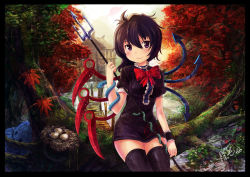 1girl absurdres asymmetrical_wings bad_id bad_pixiv_id black_eyes black_hair black_thighhighs blush border bow bridge brown_hair dress egg female_focus forest highres houjuu_nue hut in_tree lake leaf nature nest oto_taku polearm purple_eyes ribbon short_hair signature sitting sitting_in_tree smile snake solo spear thighhighs touhou tree trident ufo weapon wings yinzhai zettai_ryouiki