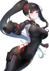 1girl black_bodysuit black_hair black_halo blue_archive blush bodysuit breasts closed_mouth commentary_request covered_navel gun hairpods halo handgun highres holding holding_gun holding_weapon holster impossible_bodysuit impossible_clothes large_breasts long_hair looking_at_viewer multicolored_bodysuit official_alternate_costume official_alternate_hairstyle pointing pointing_at_viewer ponytail red_eyes rio_(blue_archive) rio_(bodysuit)_(blue_archive) shinori_(efvbji6264) simple_background skin_tight solo thigh_holster v-shaped_eyebrows very_long_hair weapon white_background