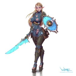 1girl alternate_universe ancient_set_(zelda) armor blonde_hair blue_eyes blush bodysuit braid breasts cameltoe covered_erect_nipples crown_braid energy energy_barrier energy_blade energy_shield energy_sword energy_weapon eyeliner feet female_focus full_body glowing glowing_shield glowing_sword glowing_weapon high_heels highres impossible_clothes large_breasts lips lipstick long_hair looking_at_viewer makeup nintendo nipples pinkdrawz platform_footwear platform_heels pointy_ears princess_zelda pussy red_lips sheikah_slate shield simple_background skin_tight solo sword the_legend_of_zelda the_legend_of_zelda:_breath_of_the_wild thick_thighs thighs toeless_footwear torn_clothes weapon white_background wide_hips