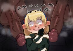 Rule 34 | 0lightsource, 1girl, 2boys, blonde hair, blush, dark-skinned male, dark skin, english text, final fantasy, final fantasy xi, hetero, imminent gangbang, imminent rape, mesugaki, multiple boys, ojou-sama pose, penis, penis awe, pointy ears, shantotto, short hair, shortstack, smile, smug, smug, solo focus, steam, surprised, tarutaru, uncensored, veins, veiny penis