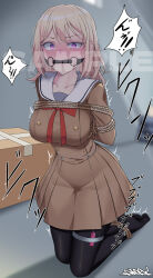 1girl absurdres bang_dream! bang_dream!_it&#039;s_mygo!!!!! bdsm bit_gag black_pantyhose blonde_hair blush bondage bound breasts gag gagged highres kneeling looking_at_viewer misumi_uika pantyhose purple_eyes sample_watermark school_uniform sex_toy short_hair solo tan watchimen watermark