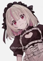 1girl :&lt; apron black_dress blush brown_hair chest_harness cleavage_cutout closed_mouth clothing_cutout collared_dress colored_inner_hair dress harness heart_cutout highres looking_at_viewer maid_headdress makaino_ririmu makaino_ririmu_(5th_costume) momo_(maroon5_24) multicolored_hair nijisanji official_alternate_costume pink_eyes pink_hair puffy_short_sleeves puffy_sleeves short_hair short_sleeves simple_background solo streaked_hair twitter_username two-tone_hair upper_body virtual_youtuber waist_apron white_apron white_background
