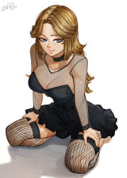 1girl blonde_hair blue_eyes breasts dress fantastic_four gelldraws highres large_breasts long_hair looking_at_viewer marvel marvel_rivals simple_background smile solo sue_storm white_background