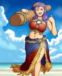 1girl :d \n/ absurdres beach blue_hair bread_master breasts carrying_over_shoulder cleavage_cutout clothing_cutout cloud fangs frilled_skirt frills hair_ornament highres leaf_hair_ornament looking_at_viewer midriff mirror navel ocean onbashira open_mouth red_eyes rope sarong shimenawa skirt sky slit_pupils smile solo swimsuit touhou yasaka_kanako
