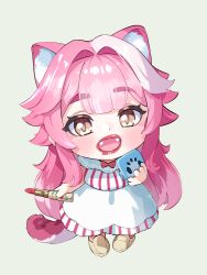 Rule 34 | 1girl, absurdres, alternate costume, animal ears, artist name, blue background, blush, bow, brown shoes, chattino (raora panthera), chibi, chibi only, commentary, cosmetics, dress, english commentary, extra ears, fang, fangs, fueppu, hand mirror, highres, holding, holding lipstick tube, holding mirror, holding stick, hololive, hololive english, lipstick, lipstick tube, long hair, looking at viewer, makeup, mirror, mixed-language commentary, multicolored hair, open mouth, panther ears, panther girl, panther tail, pink hair, raora panthera, red bow, red lips, shoes, simple background, solo, stick, streaked hair, striped clothes, striped dress, tail, two-tone hair, vertical-striped clothes, vertical-striped dress, virtual youtuber, white dress, yellow eyes